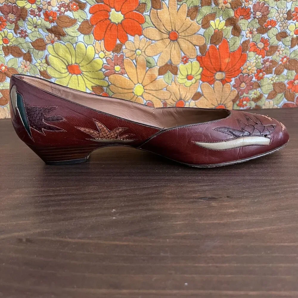 Vintage Ottorino Bossi Brown Leather Applique Kitten Heels